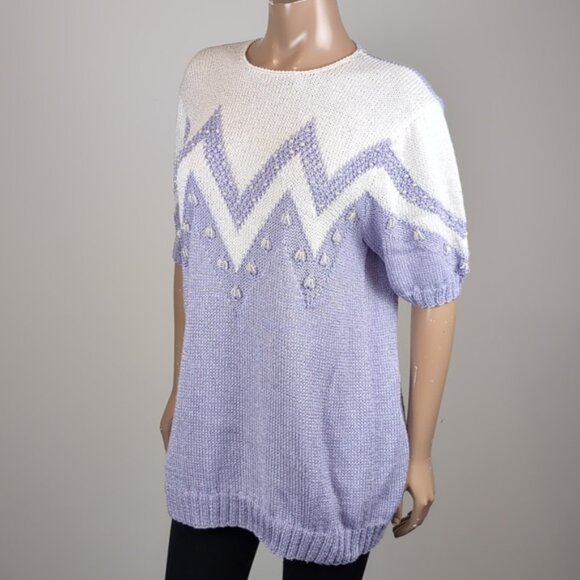 Vintage 90s Magnolia Sweater Pearl Beaded Chevron Tunic Knit Pullover Keyhole - Picture 6 of 14